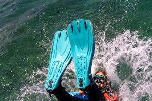 A research diver splashes into the ocean from Ultimate Whale Watch's boat Aloha Kai